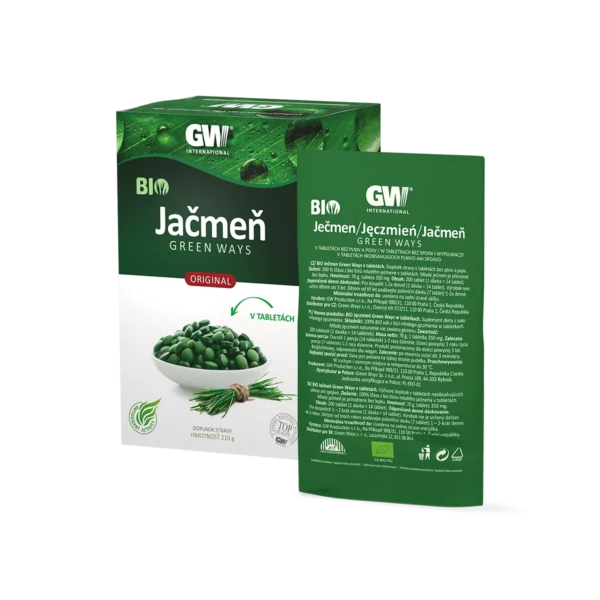 Jačmeň Green Ways v praktických tabletách 100% zelený prášok z vylisovanej a vysušenej čerstvej šťavy mladých lístkov jačmeňa vo forme tabliet.